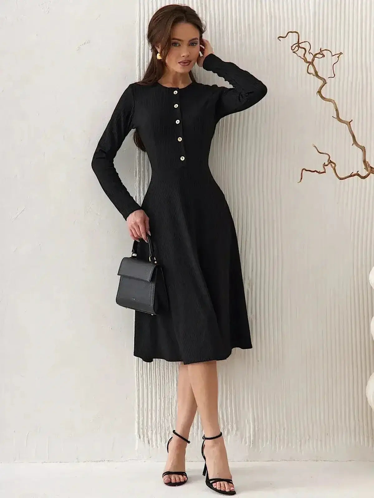 Serene Grace Midi Dress by Lauven, black ribbed dress with tailored bodice and vintage buttons.