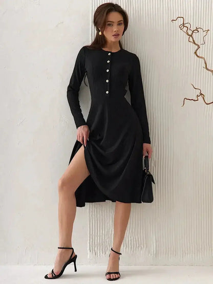 Serene Grace Midi Dress by Lauven - Elegant black ribbed dress with decorative buttons and flared skirt.
