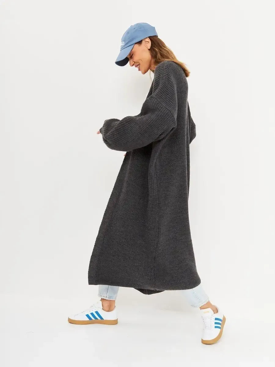 Shadow Cardigan by Lauven, a long oversized knitwear coat in deep gray, perfect for stylish comfort and layering.