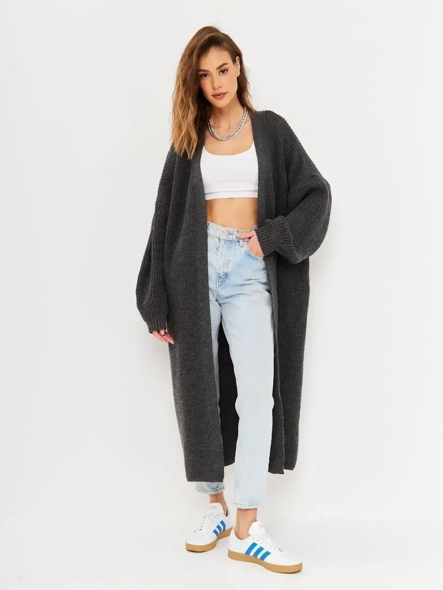 Shadow Cardigan by Lauven - a stylish long oversized knitwear coat in deep gray worn with casual outfit.