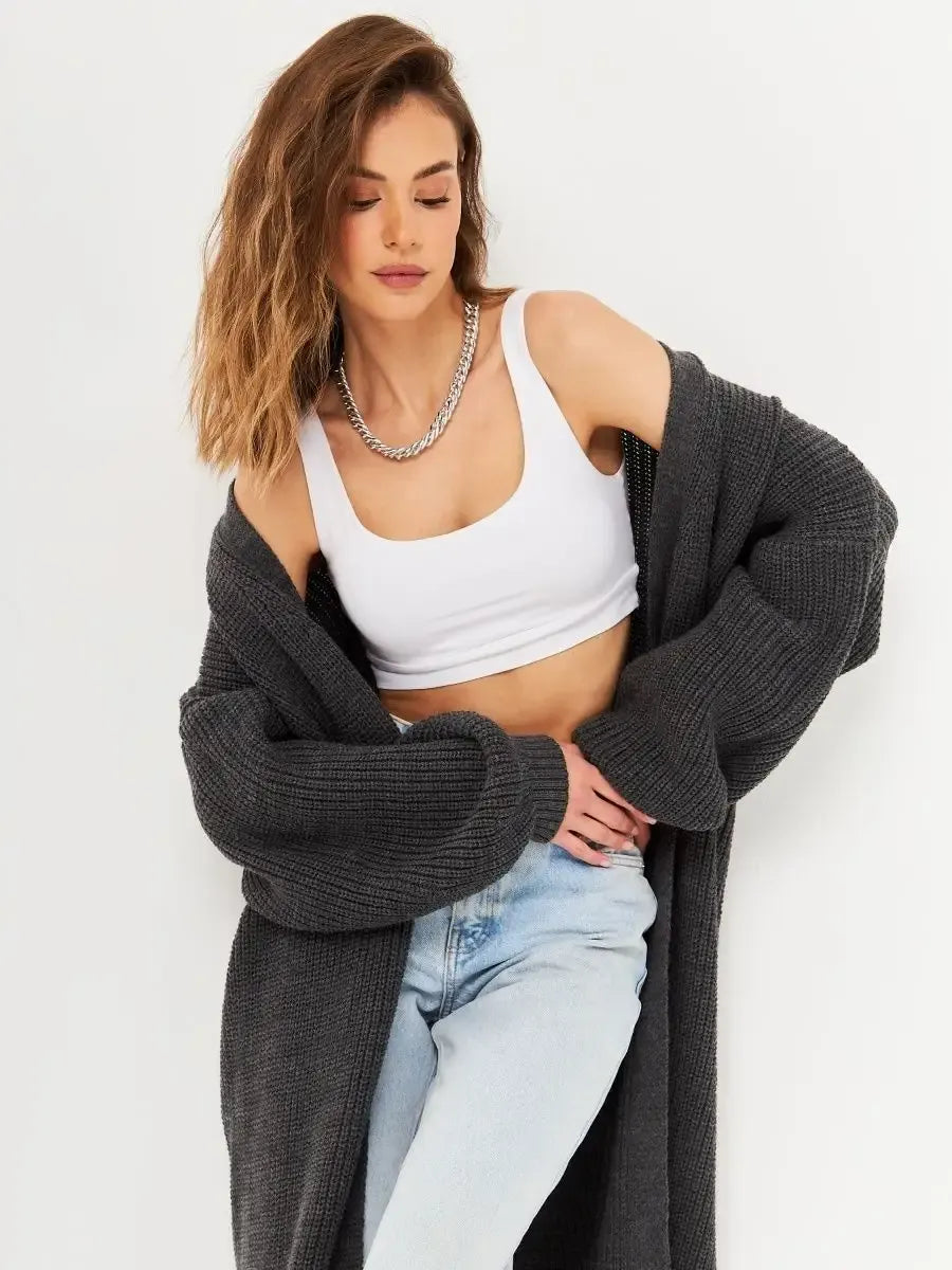 Shadow Cardigan by Lauven – Chic oversized knitwear coat in deep gray.