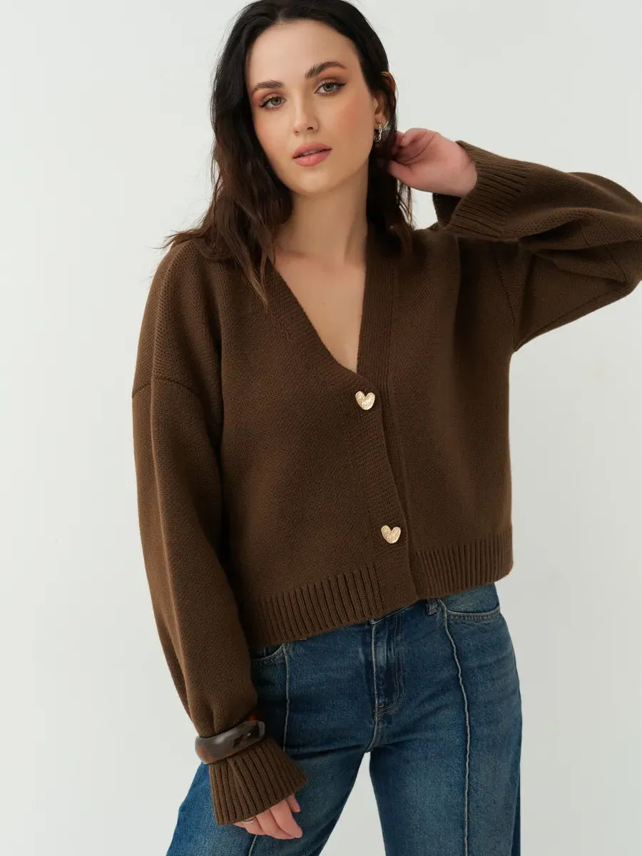 Siena Cardigan by Lauven - Cropped chocolate brown knit with heart buttons for a chic, cozy look.