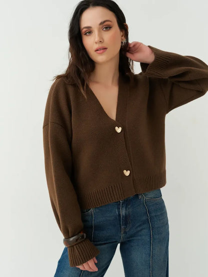 Siena Cardigan by Lauven - Cropped chocolate brown knit with heart buttons for a chic, cozy look.