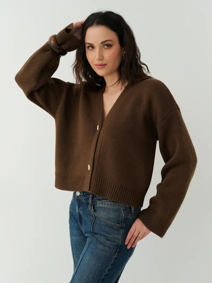 Siena Cardigan by Lauven - Cropped chocolate brown knit with heart buttons, perfect for layering in any season.