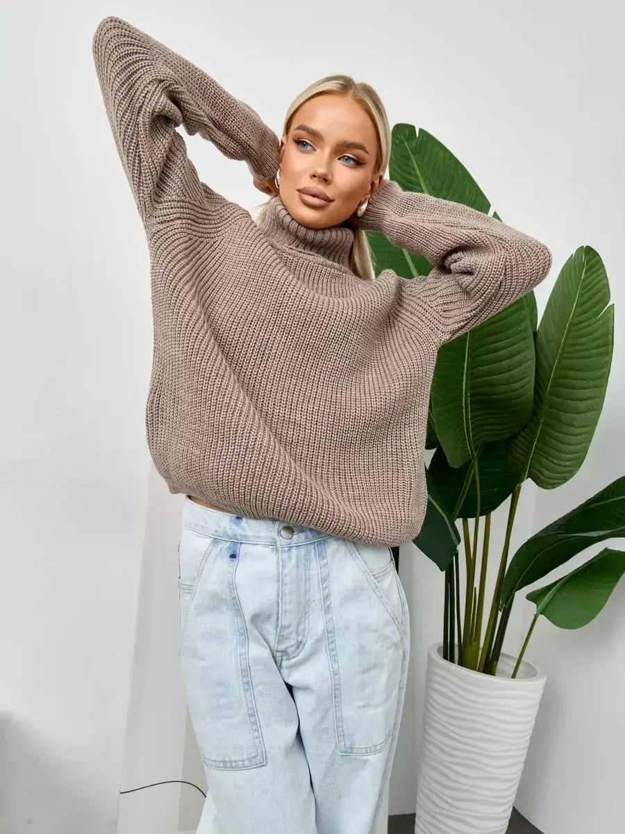 Siena Sweater by Lauven in oversized beige knit with turtleneck, perfect for versatile styling.