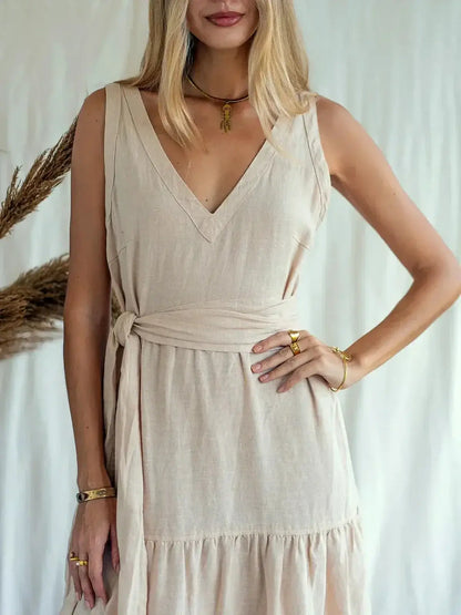 Sierra Maxi Dress in breathable linen with V-neckline and self-tie belt, perfect for warm weather and boho style.