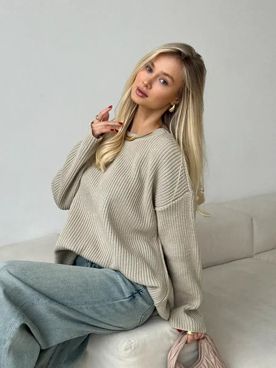 Sierra Sweater by Lauven, oversized beige knit with crew neck, perfect for cool weather layering.