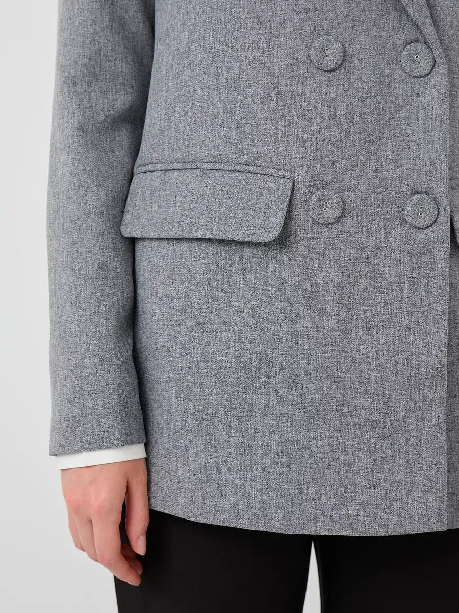 Silverstone Blazer by Lauven, showcasing the oversized double-breasted gray tailored jacket fabric and design details.