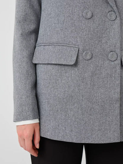 Silverstone Blazer by Lauven, showcasing the oversized double-breasted gray tailored jacket fabric and design details.