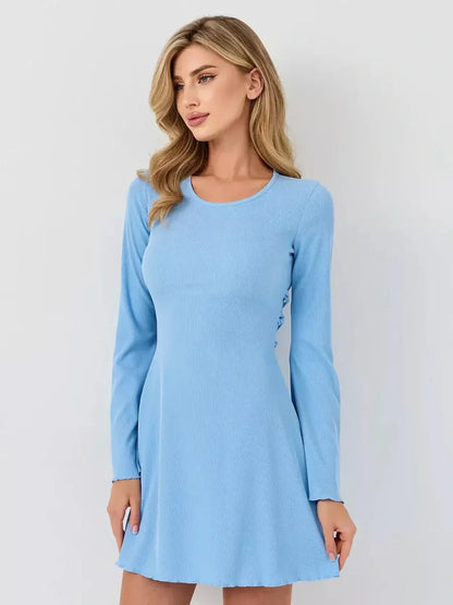 Sky Belle mini dress by Lauven in pastel blue, featuring flared hem and long sleeves, perfect for summer celebrations.