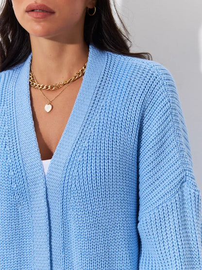 Skylar Cardigan by Lauven, long oversized knitwear coat in light blue, perfect for autumn layering.