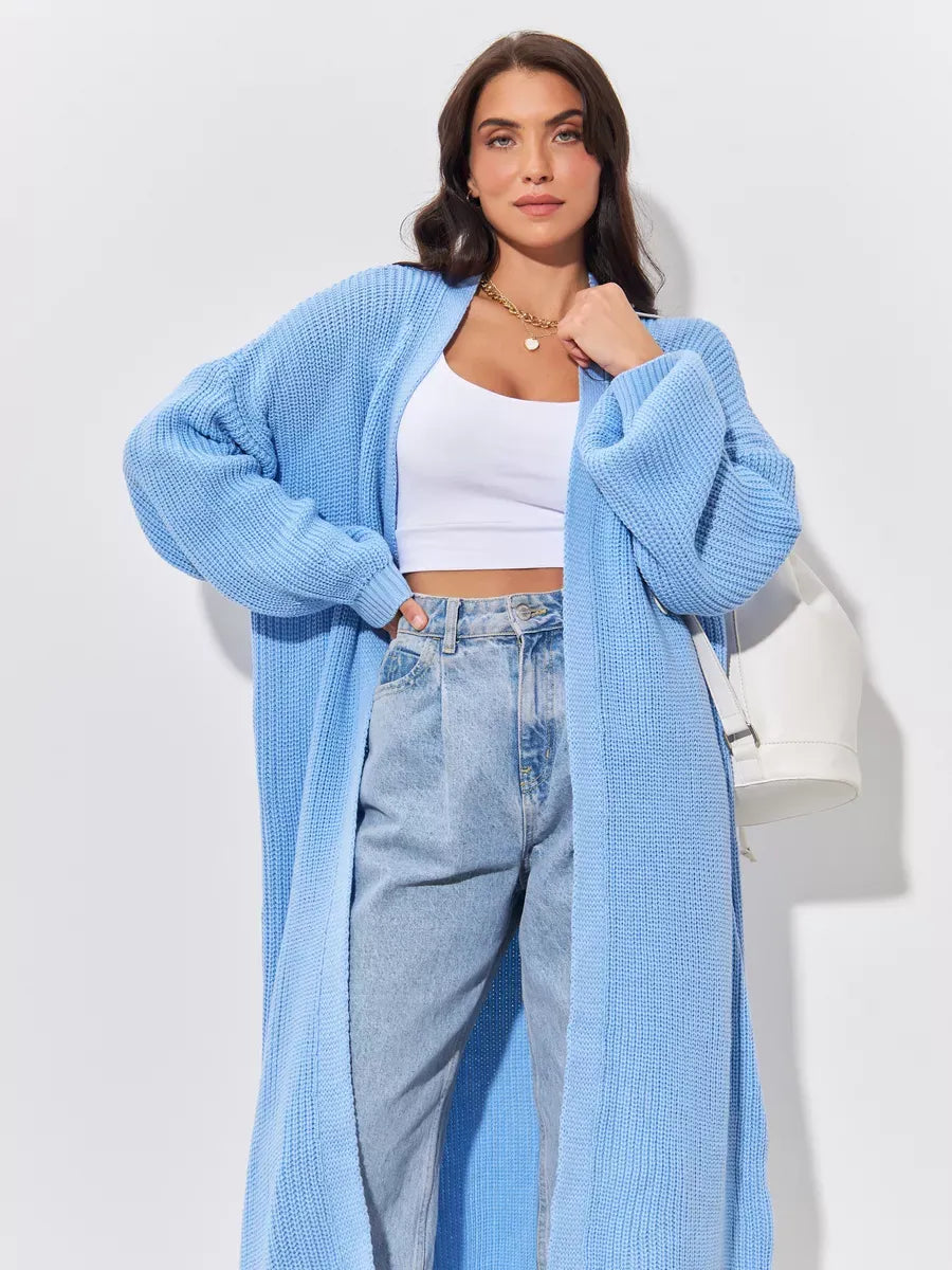 Skylar Cardigan by Lauven in light blue, featuring a long oversized knitwear design perfect for autumn layering.