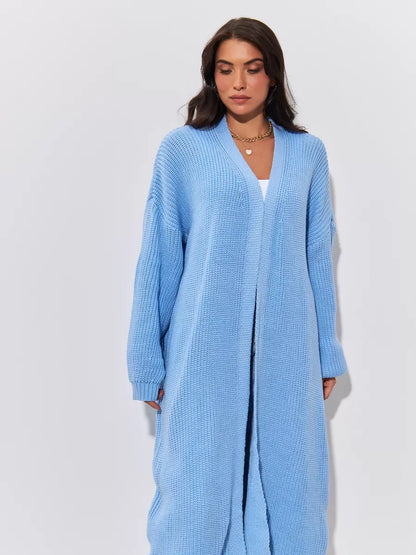 Skylar Cardigan by Lauven - Long oversized knitwear coat in light blue for autumn layering.