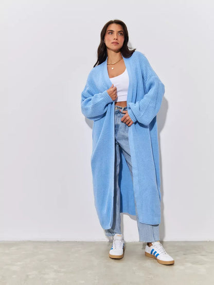 Skylar Cardigan by Lauven in light blue, long oversized knitwear coat styled for women.