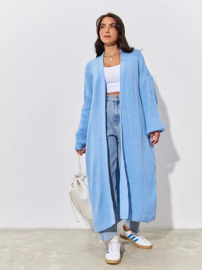 Skylar Cardigan by Lauven, long oversized knitwear coat in light blue, perfect for autumn layering.