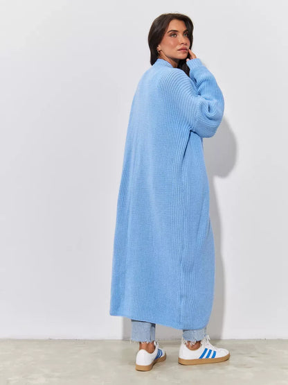 Skylar Cardigan by Lauven - Long oversized knitwear coat in light blue, perfect for autumn layering.
