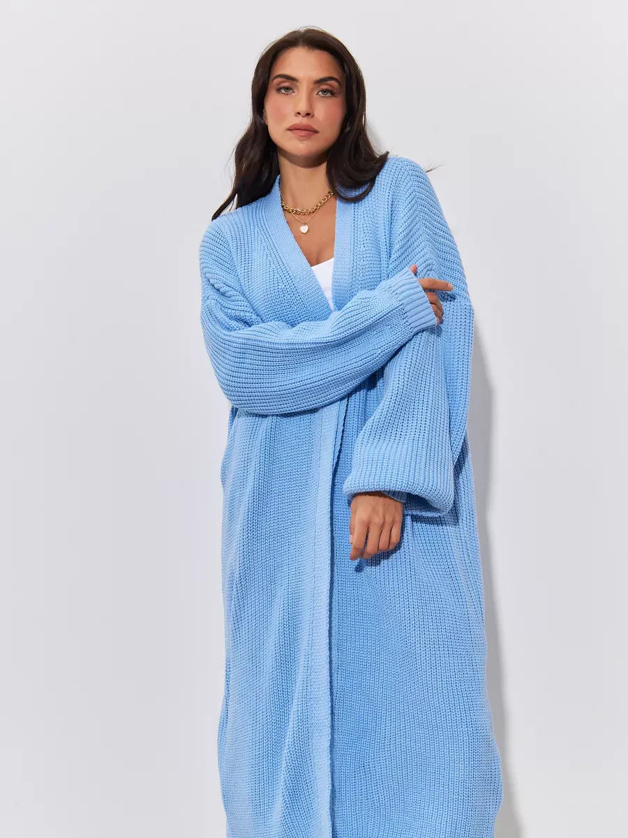 Skylar Cardigan by Lauven, long oversized knitwear coat in light blue, perfect for autumn layering and style.