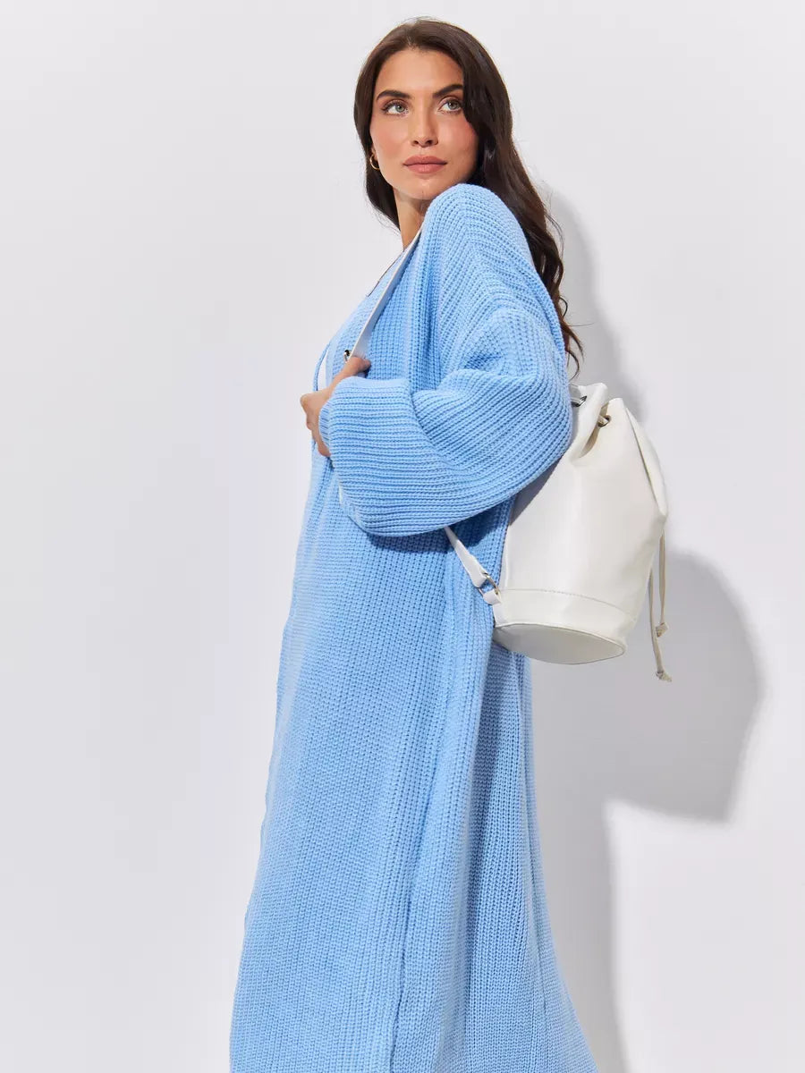 Skylar Cardigan by Lauven, long oversized blue knitwear coat for women, perfect for layering in autumn.