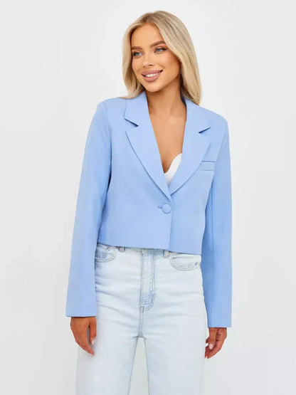 Lauven Skyline Blazer in soft blue, cropped tailored design, perfect for modern and classic styles.