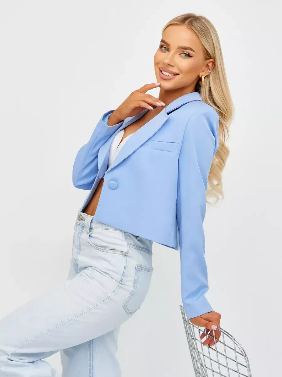 Skyline Blazer from Lauven in soft blue, cropped tailored design elevating classic elegance for women.