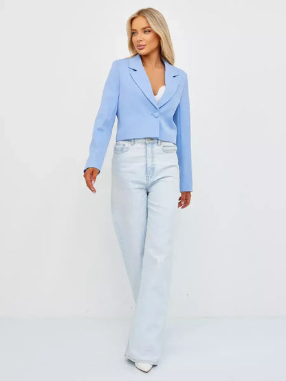 Skyline Blazer by Lauven in soft blue, featuring a cropped tailored design for modern elegance.
