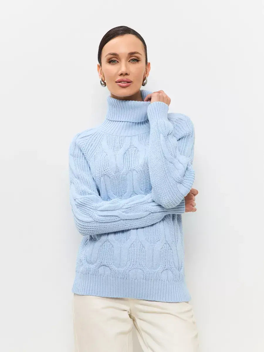 Skyline Knitwear by Lauven - Women's wool-blend turtleneck sweater in pastel blue with cable-knit pattern.