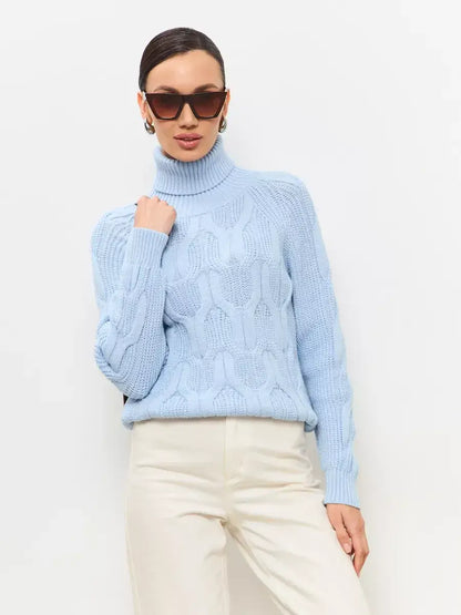 Skyline Knitwear by Lauven - elegant women's wool-blend turtleneck sweater in soft pastel blue.