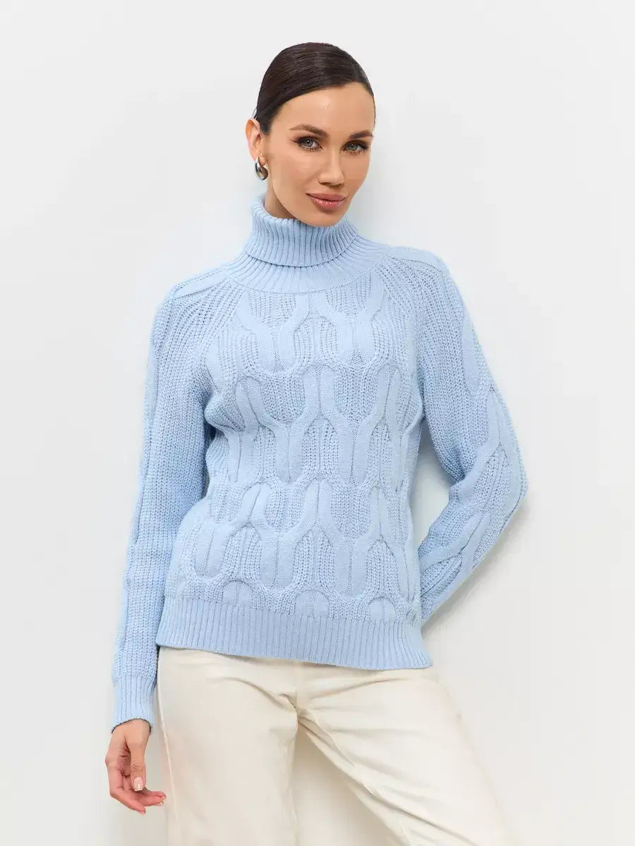Skyline Knitwear by Lauven - Women's soft pastel blue wool-blend turtleneck sweater with cable-knit pattern.