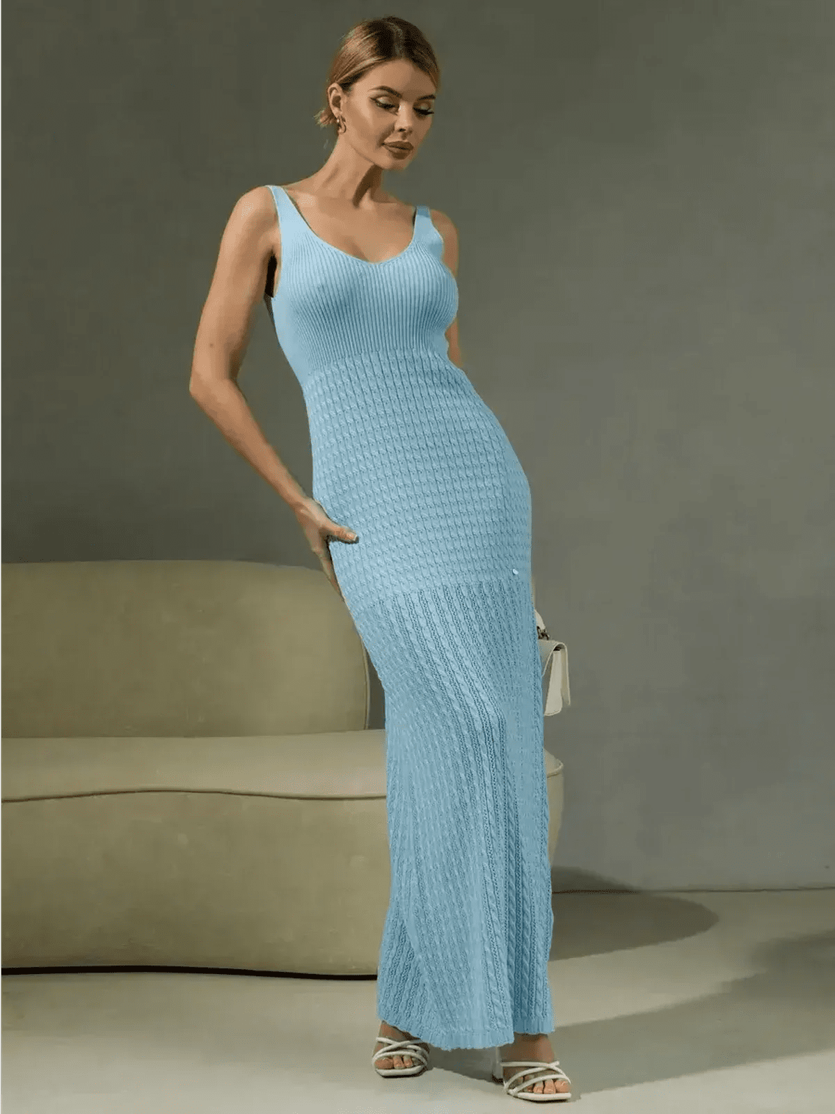 Skyline Maxi Dress in sky blue, featuring a rib knit design and U-neckline, perfect for summer events and weddings.
