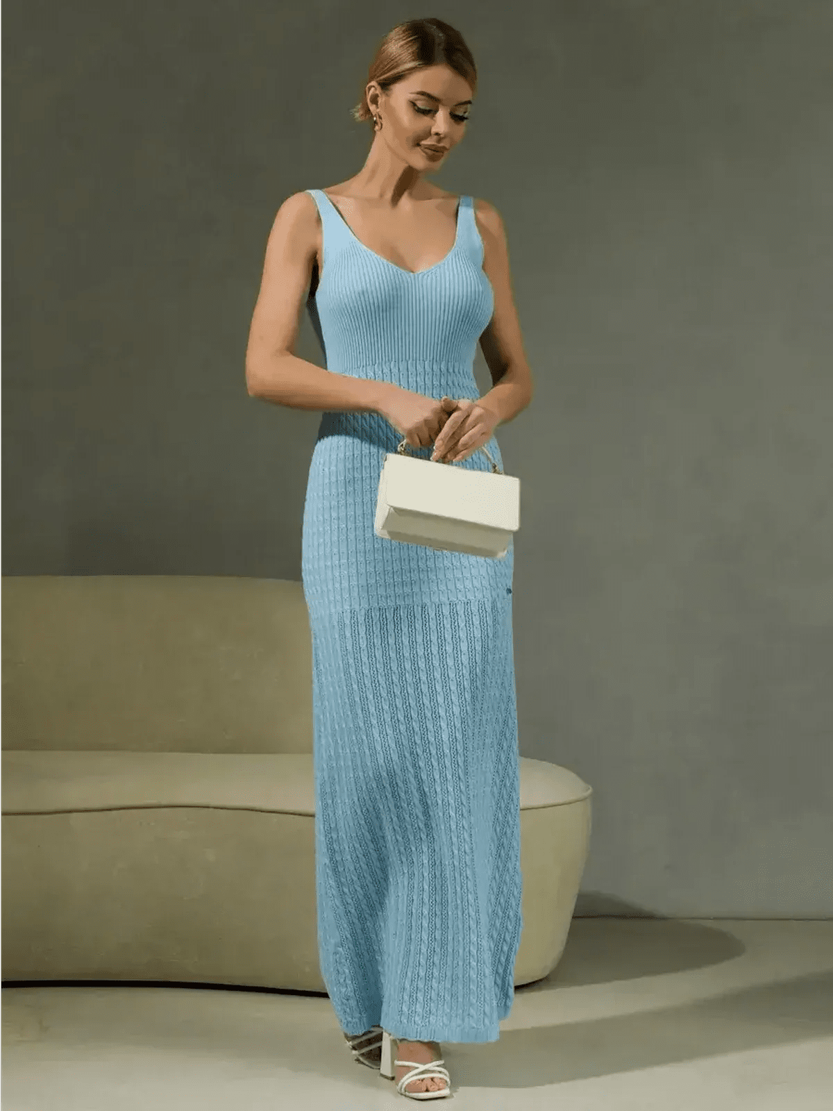 Skyline Maxi Dress in sky blue, featuring a rib knit design and U-neckline, perfect for weddings or summer events.