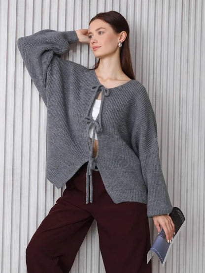 Slate Cardigan by Lauven, cozy gray knitwear with a tie-front design and oversized fit, perfect for stylish layering.