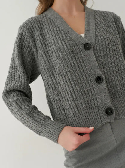 Slate Cardigan by Lauven - Oversized cropped knitwear in gray with button-front closure.