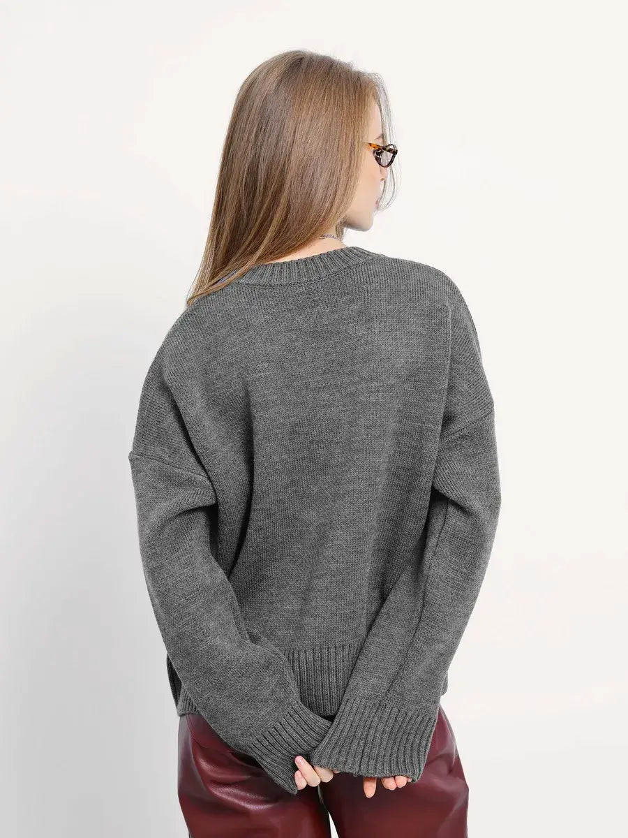 Slate Pullover by Lauven — oversized cropped women's sweater in dark gray with a relaxed fit and classic round neckline.