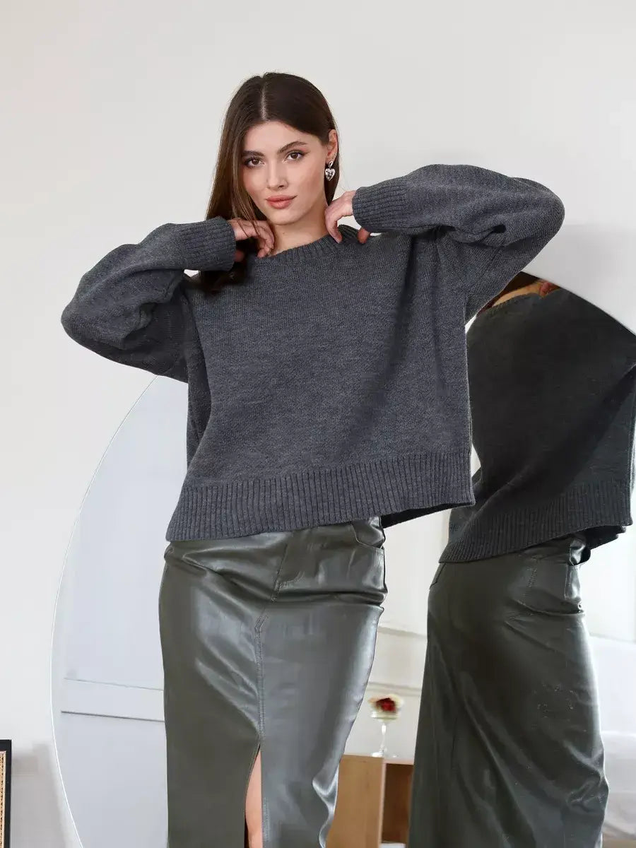Slate Pullover by Lauven featuring an oversized cropped design in dark gray, perfect for layering and everyday elegance.