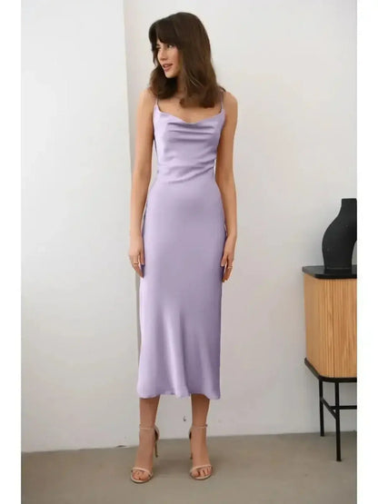 Sleek lavender Whisper Midi Dress with satin drape, perfect for elegant summer events.