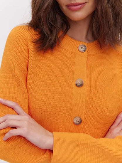 Solana Cardigan by Lauven in bold orange, featuring a button-up closure and a modern silhouette for stylish warmth.