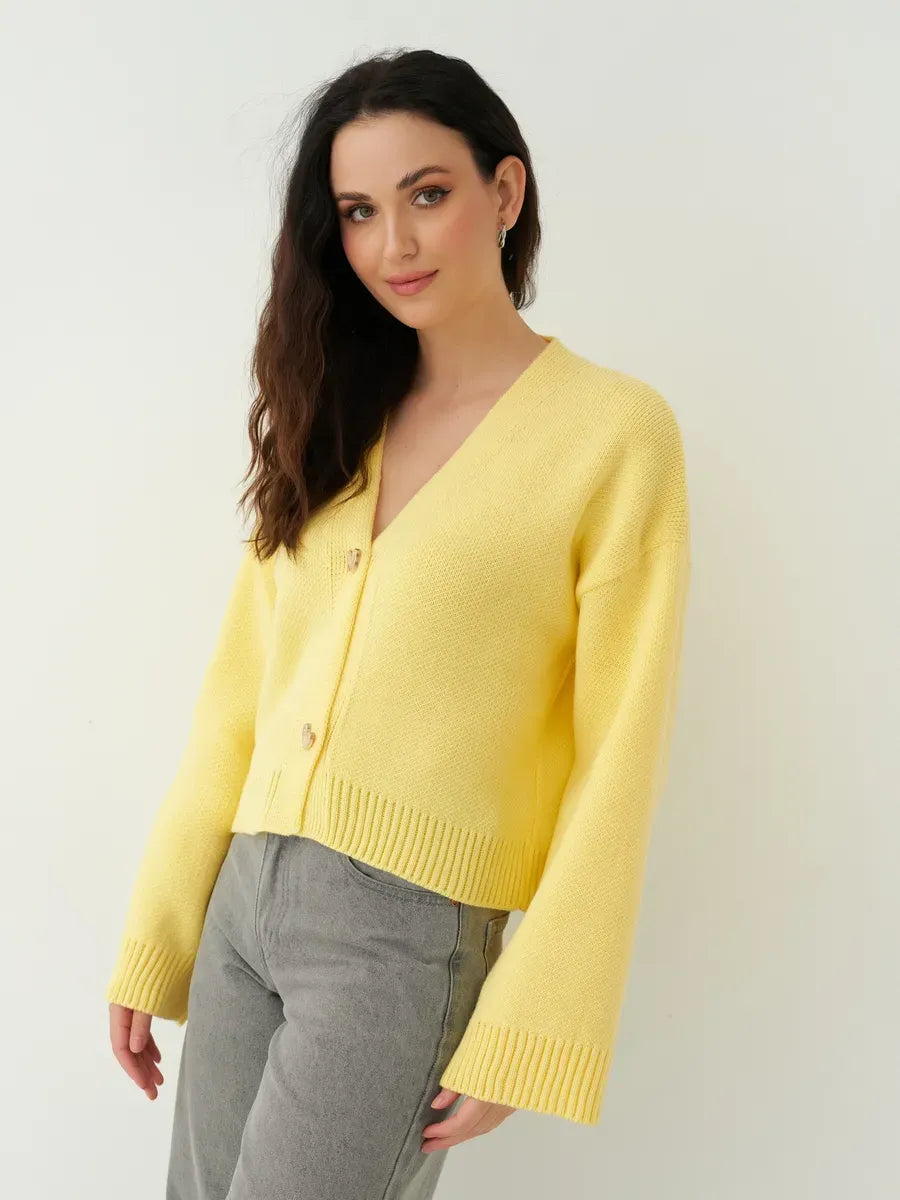 Solara Cardigan by Lauven - Cropped yellow knit cardigan with heart buttons, perfect for layering and stylish outfits.