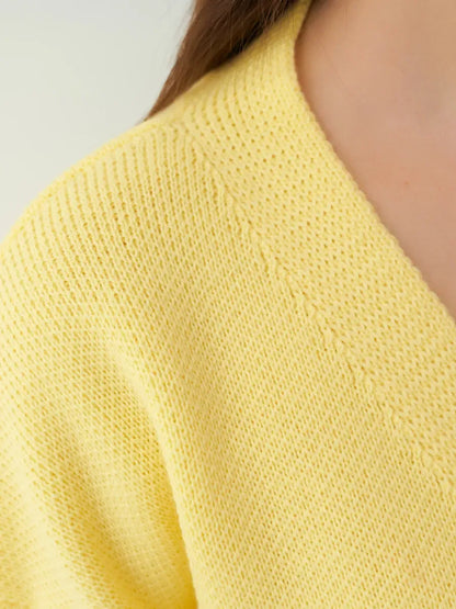 Close-up of the Solara Cardigan by Lauven, featuring a soft yellow knit texture and stylish collar design.