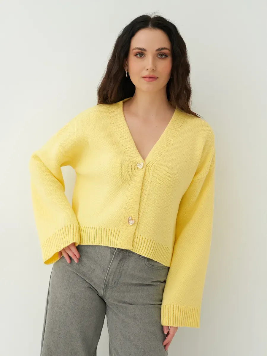 Solara Cardigan by Lauven - Cropped yellow knit with heart buttons, stylish and comfortable for layering.