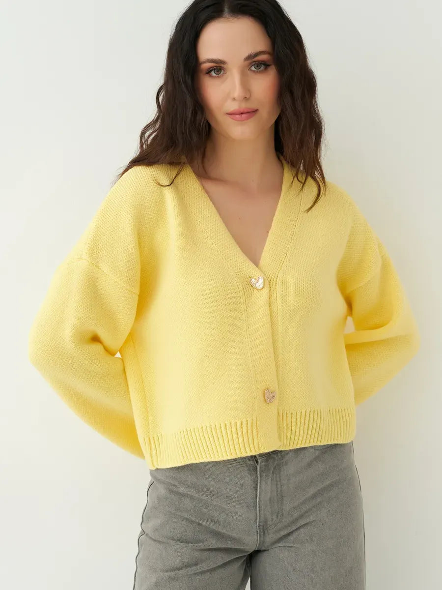 Solara Cardigan by Lauven - Cropped yellow knit with heart buttons for a stylish women's layer.