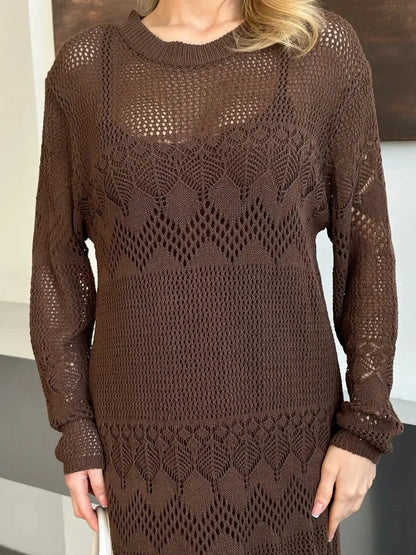 Solara Maxi Dress from Lauven, warm dark brown crochet knit design for elegant seasonal celebrations.