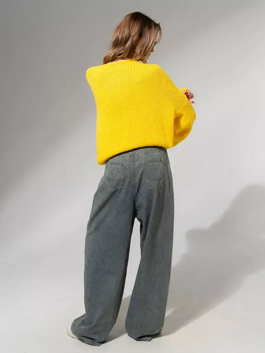 Solara Sweater by Lauven, oversized knit in bright yellow, perfect for fall and winter layering.
