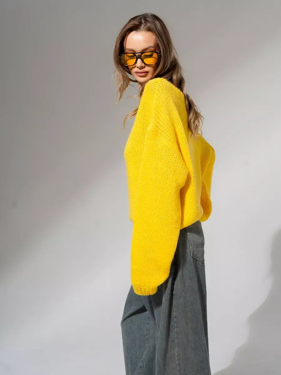 Solara Sweater by Lauven in bright yellow, oversized knit for a stylish fall and winter look.