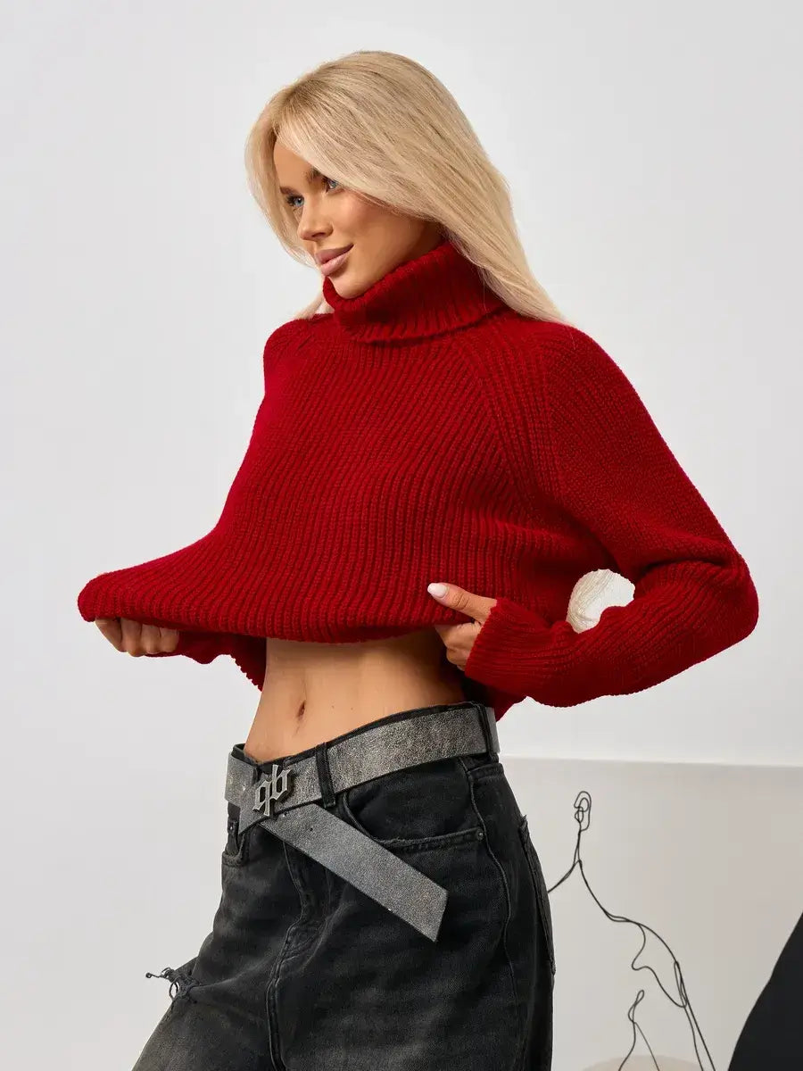 Solara Sweater by Lauven - Cropped oversized knit turtleneck in bold red, exuding modern style and comfort.