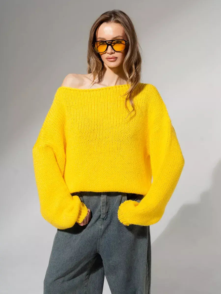 Solara Sweater by Lauven in vibrant yellow, featuring an oversized knit design for stylish winter layering.
