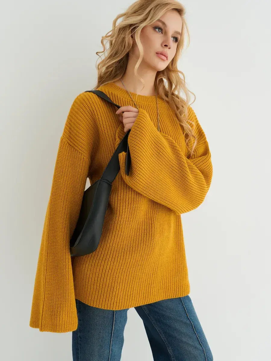 Solara Sweater by Lauven, oversized knit in vibrant mustard yellow, stylish and modern for every season.
