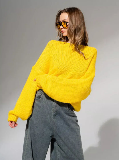 Solara Sweater by Lauven in oversized bright yellow knit, perfect for stylish fall and winter layering.