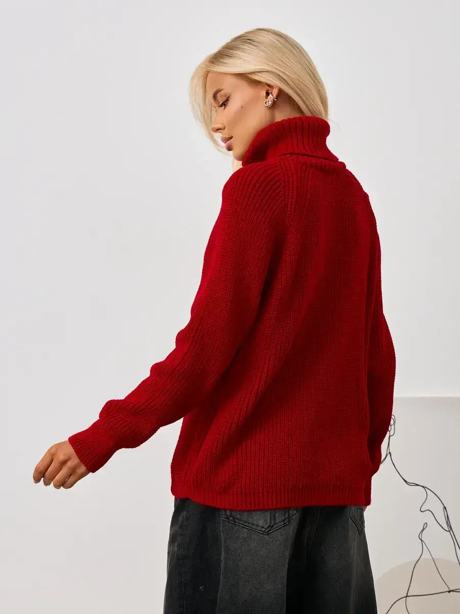 Solara Sweater by Lauven, cropped oversized knit with turtleneck in rich red color, offering cozy style and comfort.