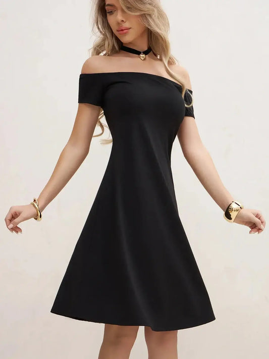 Black off-shoulder mini dress with A-line silhouette and elegant design, perfect for summer and formal occasions.