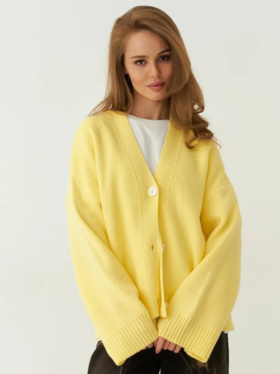 Sunny Cardigan by Lauven - Bright oversized knitwear in creamy yellow with button closure, perfect for layering.